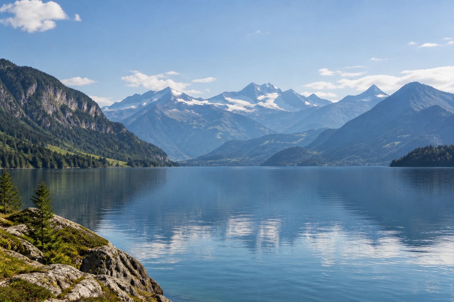 Paysage illustratif de lac alpin aux eaux bleues, entouré de montagnes.